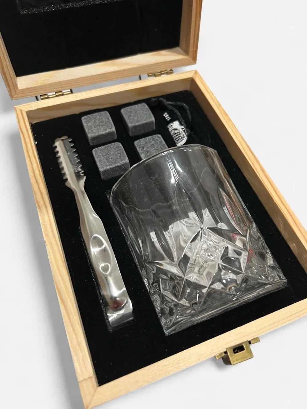 Whisky Gift Set with Glass & Stones - Brown Wood Box